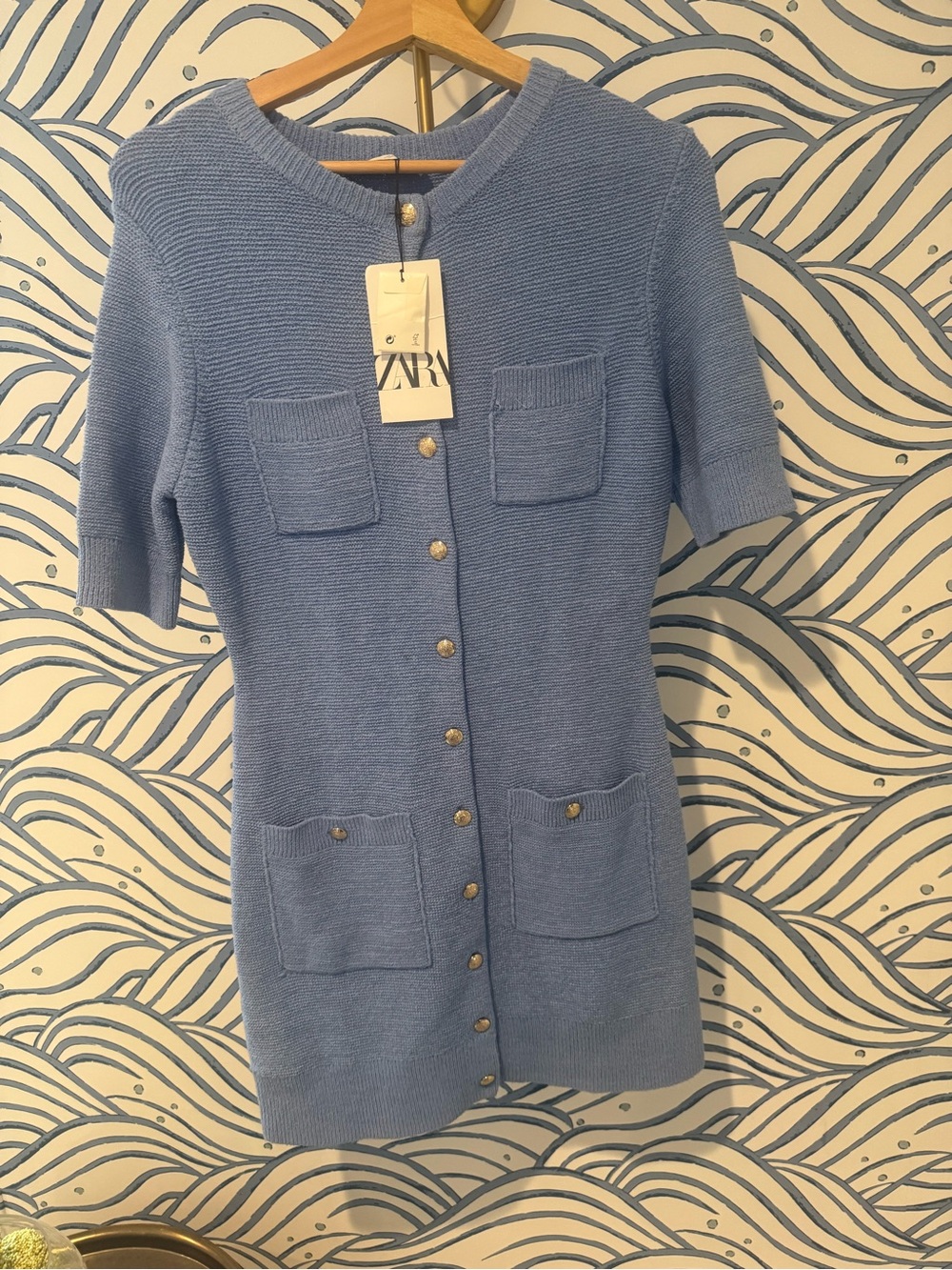 Zara Light Blue Knit Button-Front Dress